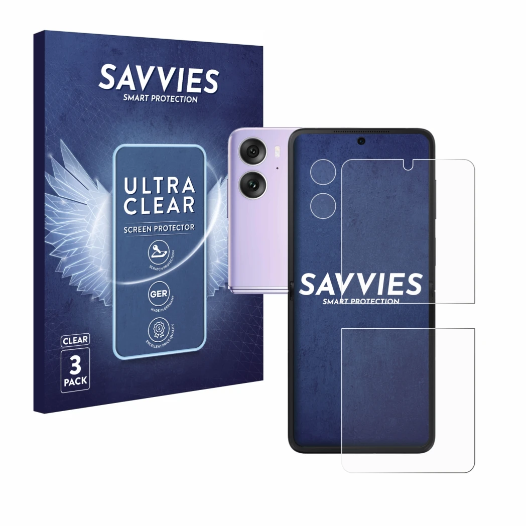 Front side of a product packaging with the brand logo Savvies. Next to it is the device Oppo Find N2 Flip (Front+Camera) shown