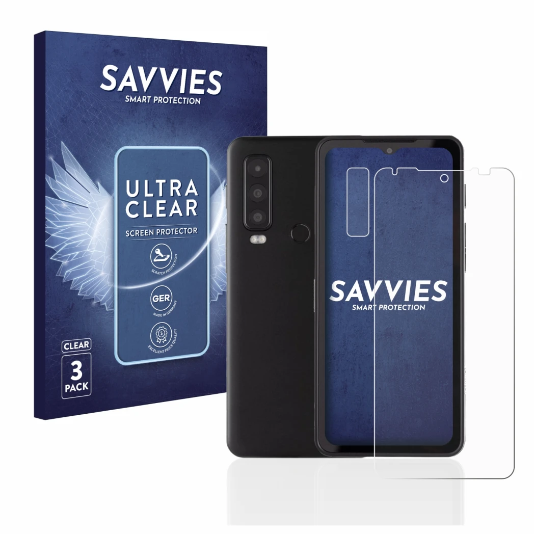 Front side of a product packaging with the brand logo Savvies. Next to it is the device Caterpillar Cat S75 (Front+Camera) sho