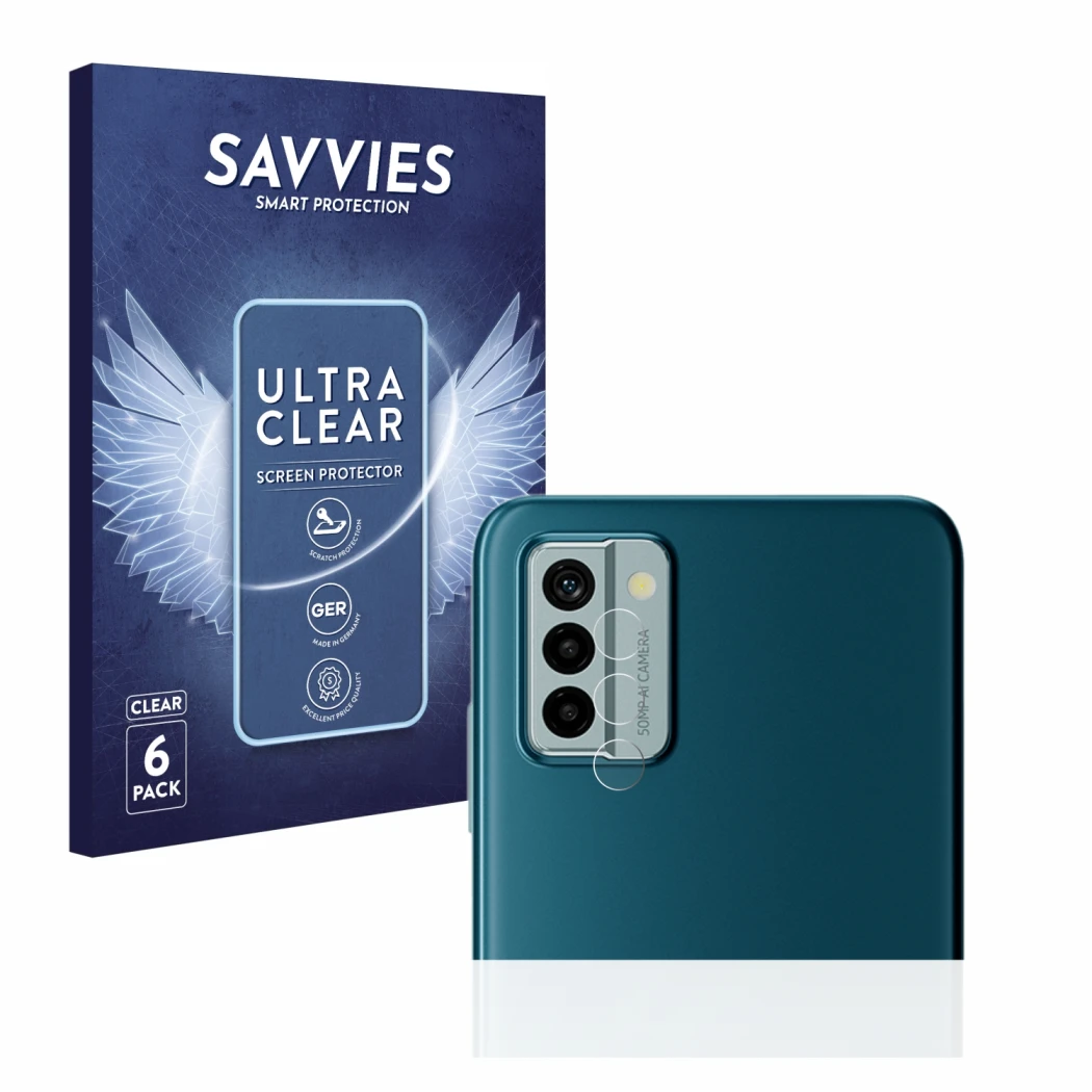 Front side of a product packaging with the brand logo Savvies. Next to it is the device Nokia G22 (ONLY Camera Lens) shown wit