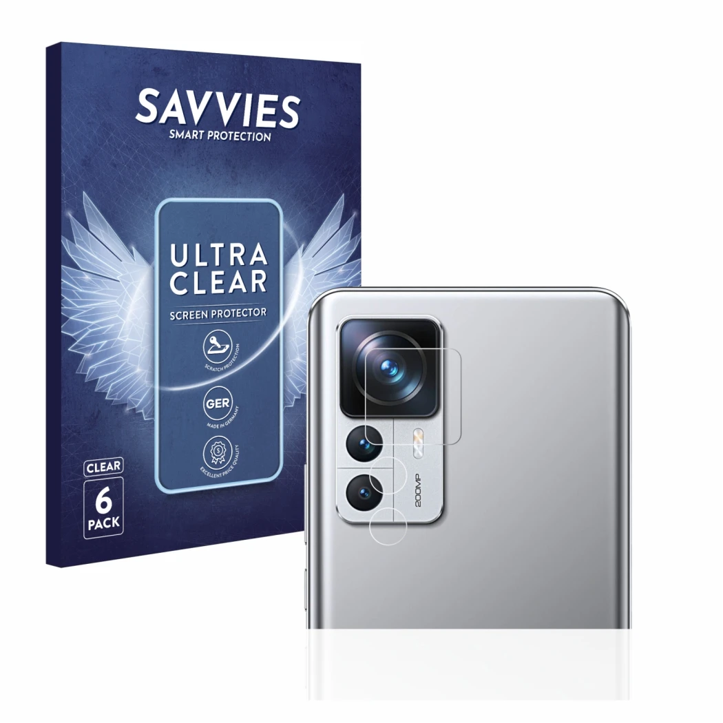 Front side of a product packaging with the brand logo Savvies. Next to it is the device Xiaomi 12T Pro (ONLY Camera Lens) show