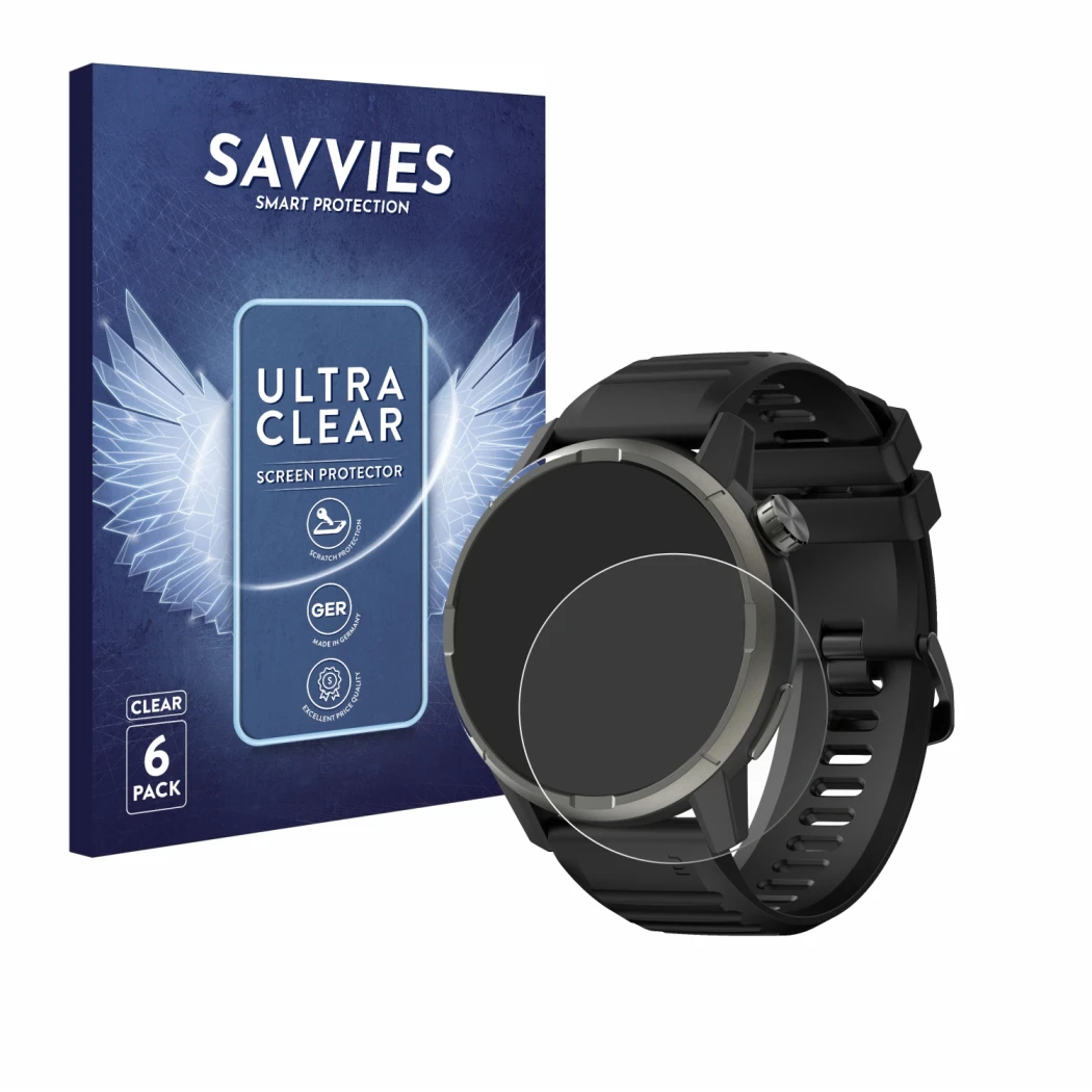 Front side of a product packaging with the brand logo Savvies. Next to it is the device Kiprun GPS 900 by Coros shown with the