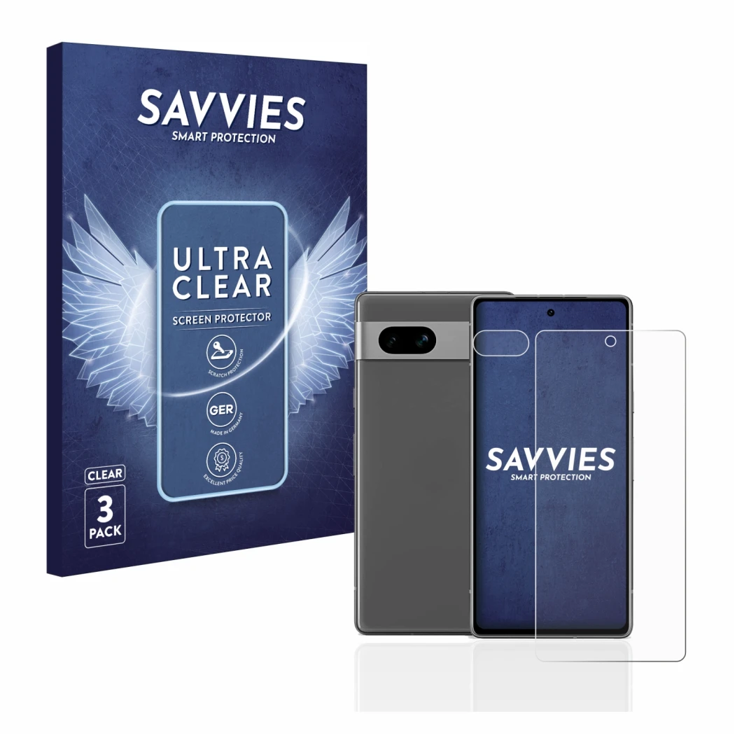 Front side of a product packaging with the brand logo Savvies. Next to it is the device Google Pixel 7a (Front+Camera) shown w