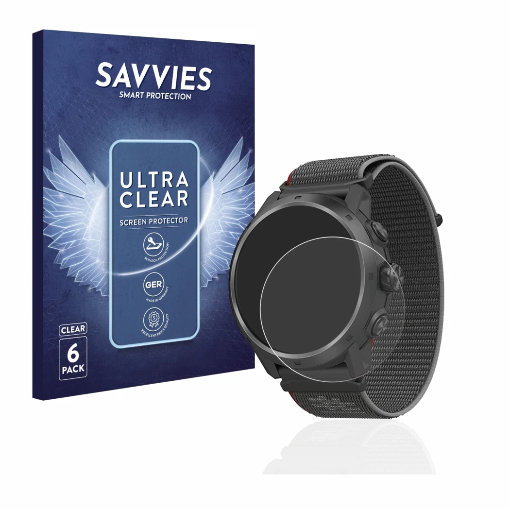 Front side of a product packaging with the brand logo Savvies. Next to it is the device Coros Apex 2 Pro shown with the corres
