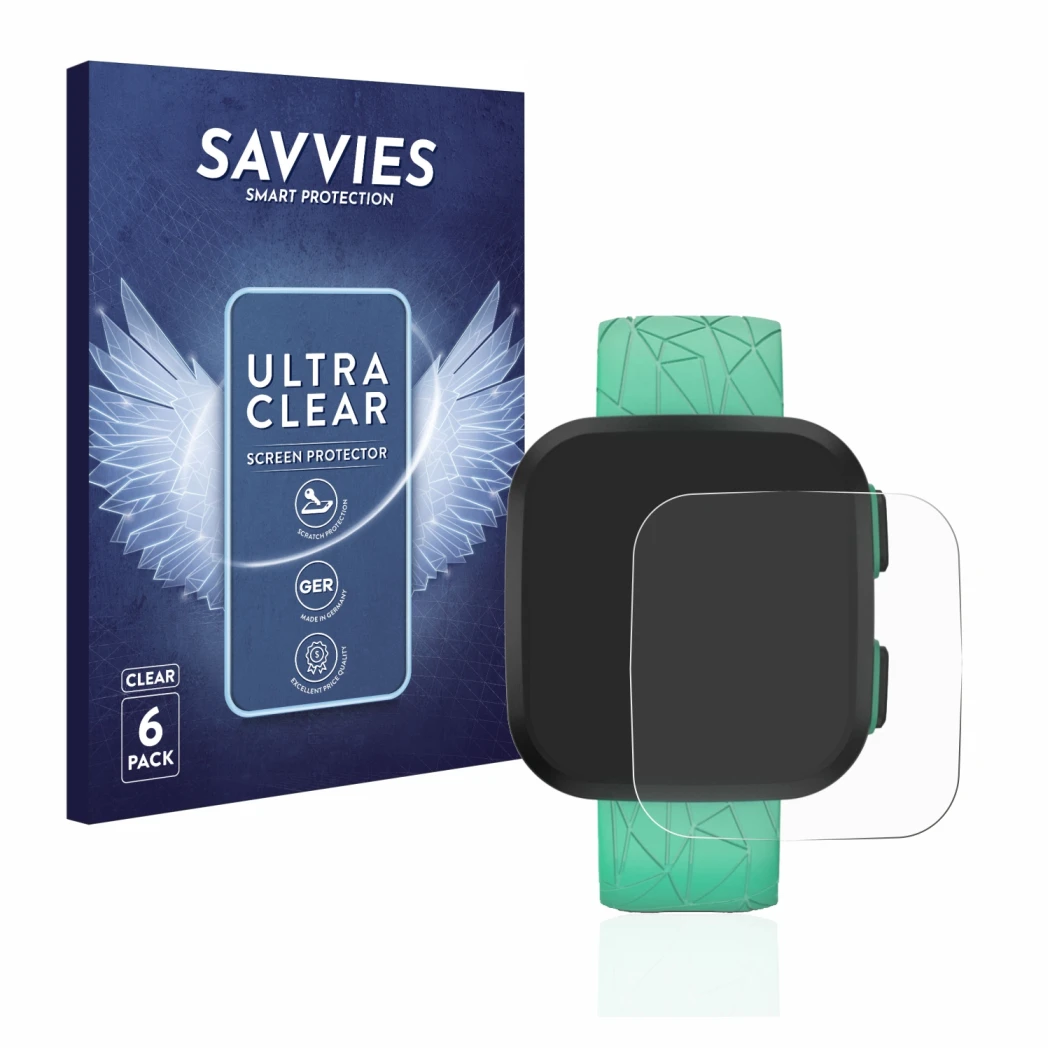 Front side of a product packaging with the brand logo Savvies. Next to it is the device Garmin Bounce shown with the correspon
