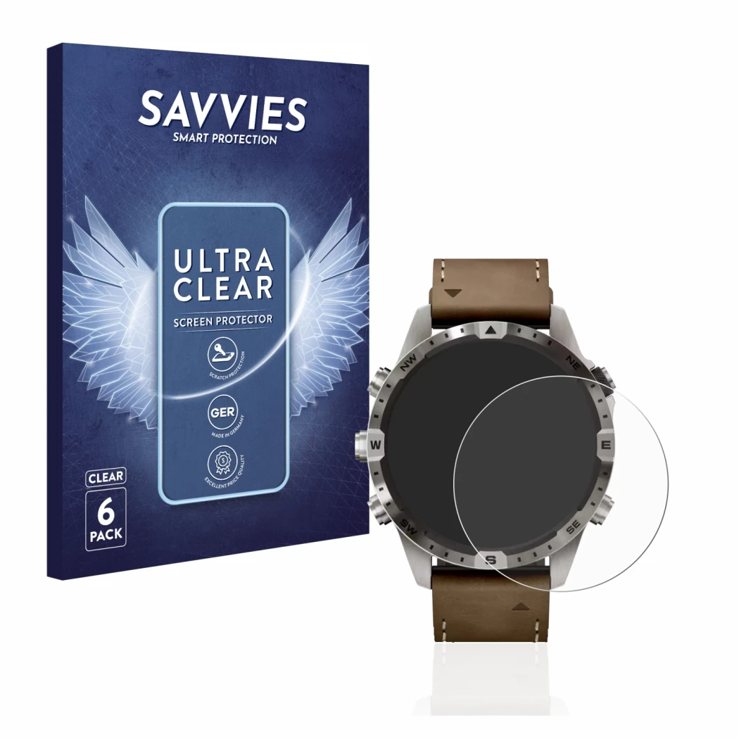 Front side of a product packaging with the brand logo Savvies. Next to it is the device Garmin Marq Adventurer (Gen 2) shown w