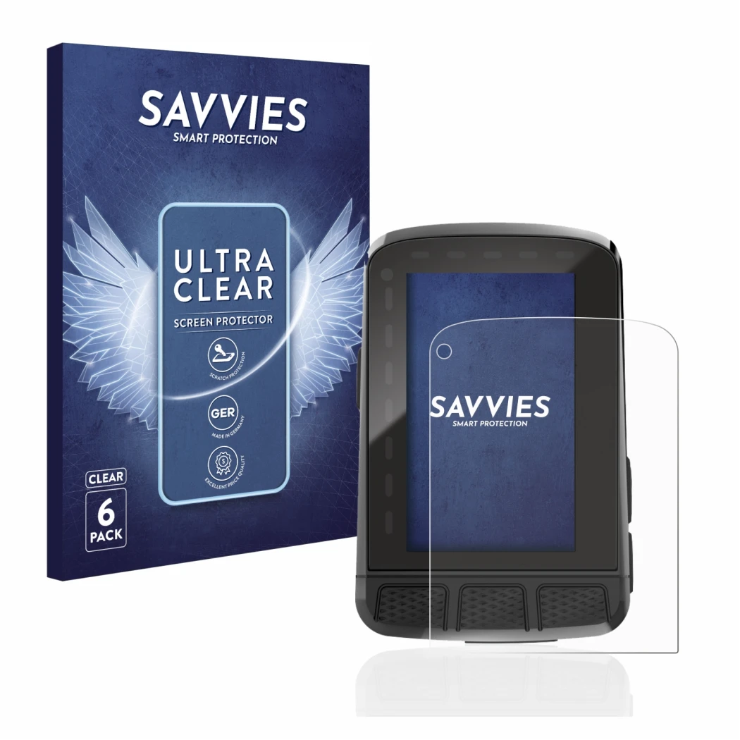 Front side of a product packaging with the brand logo Savvies. Next to it is the device Wahoo Elemnt Roam 2 shown with the cor
