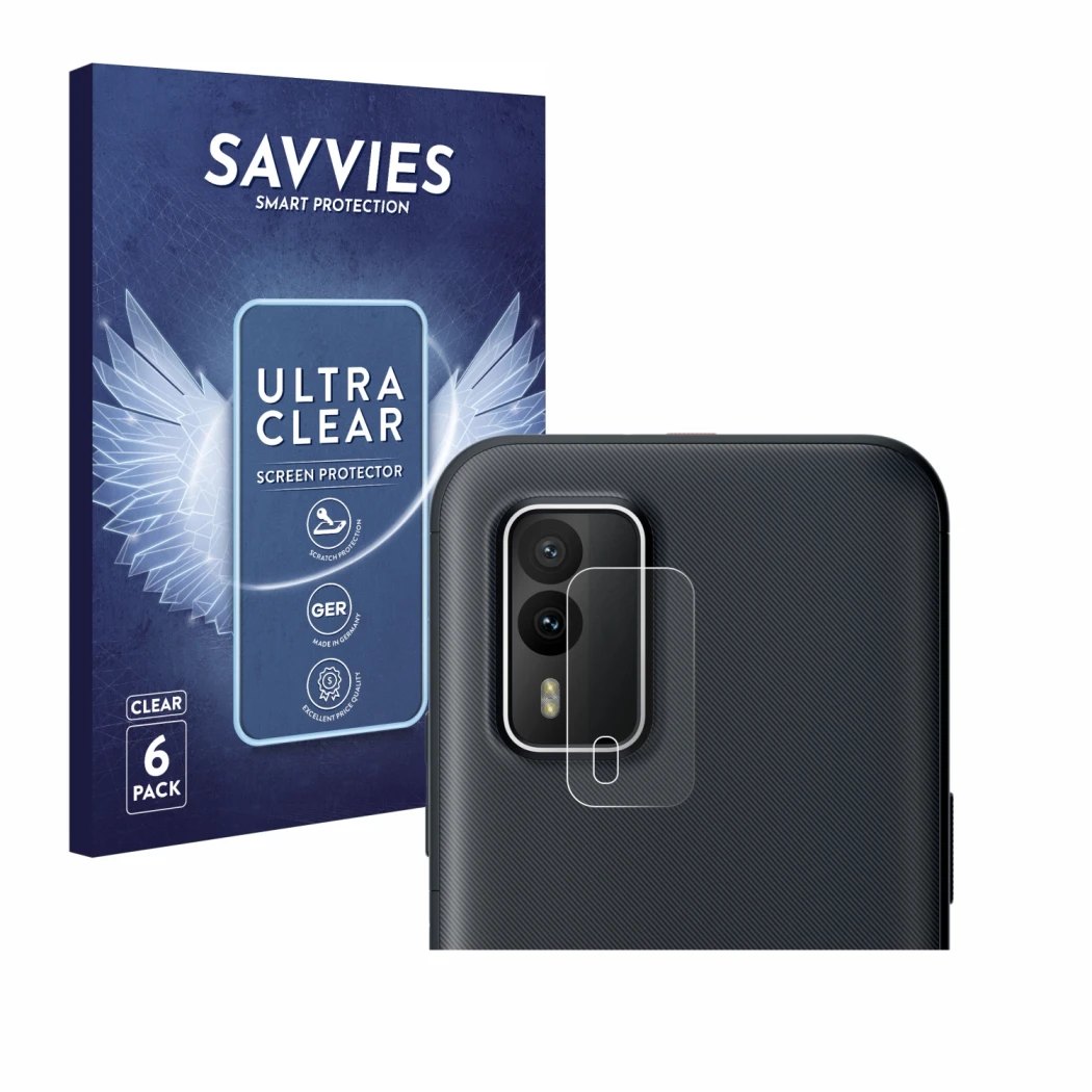 Front side of a product packaging with the brand logo Savvies. Next to it is the device Nokia XR21 (ONLY Camera Lens) shown wi