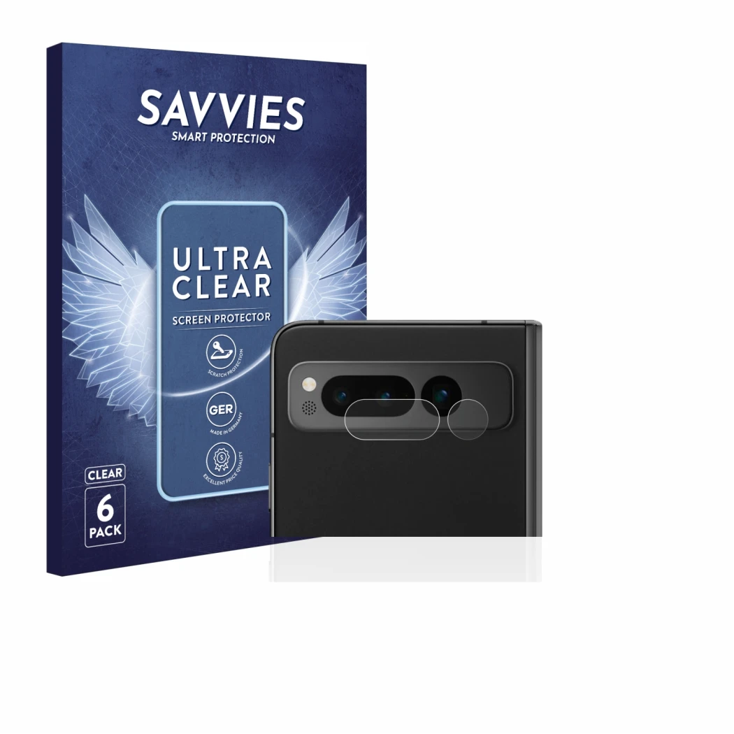 Front side of a product packaging with the brand logo Savvies. Next to it is the device Google Pixel Fold (ONLY Camera Lens) s