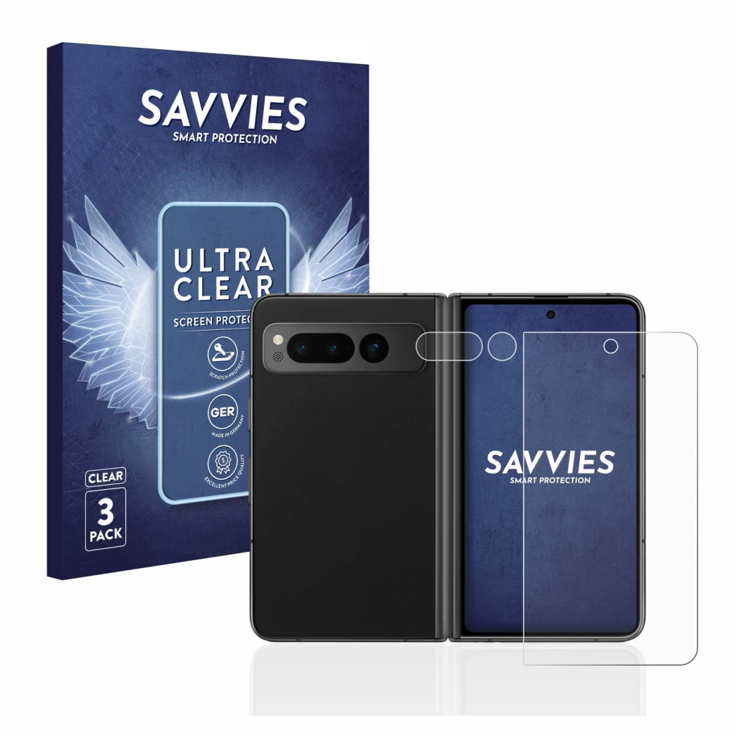 Front side of a product packaging with the brand logo Savvies. Next to it is the device Google Pixel Fold (Front+Camera) shown