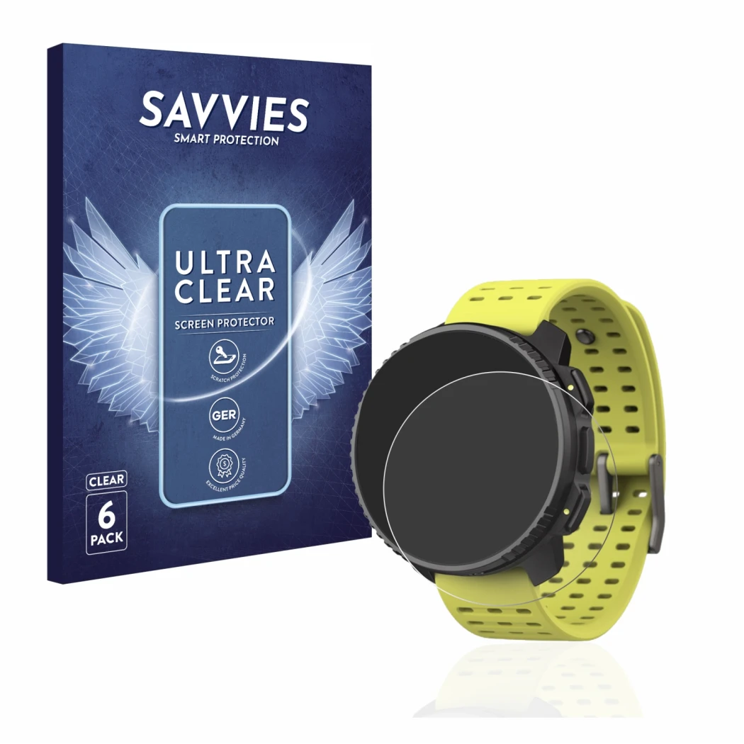 Front side of a product packaging with the brand logo Savvies. Next to it is the device Suunto Vertical shown with the corresp