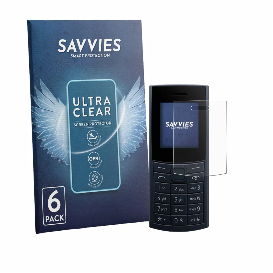 Front side of a product packaging with the brand logo Savvies. Next to it is the device Nokia 110 4G (2023) shown with the cor
