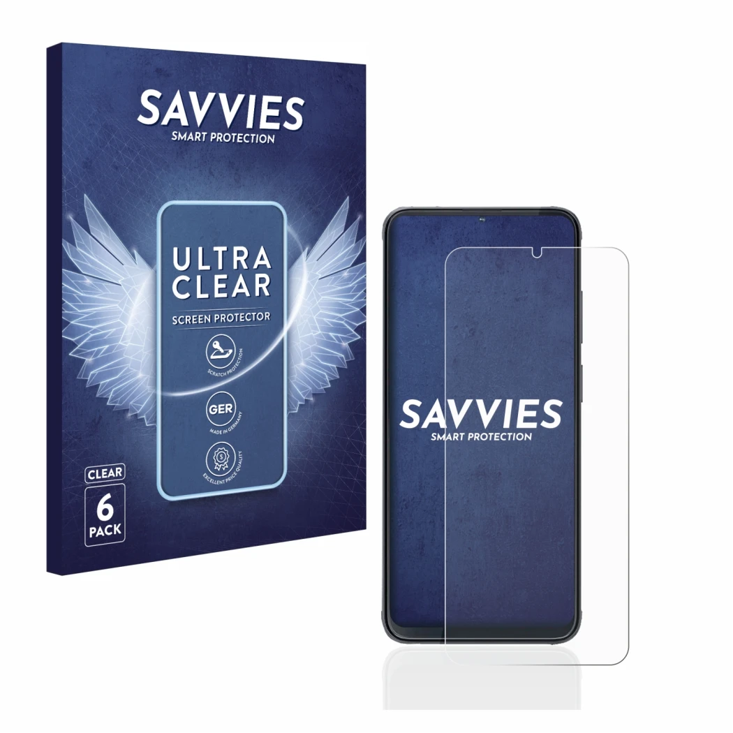 Front side of a product packaging with the brand logo Savvies. Next to it is the device Cubot X70 shown with the corresponding