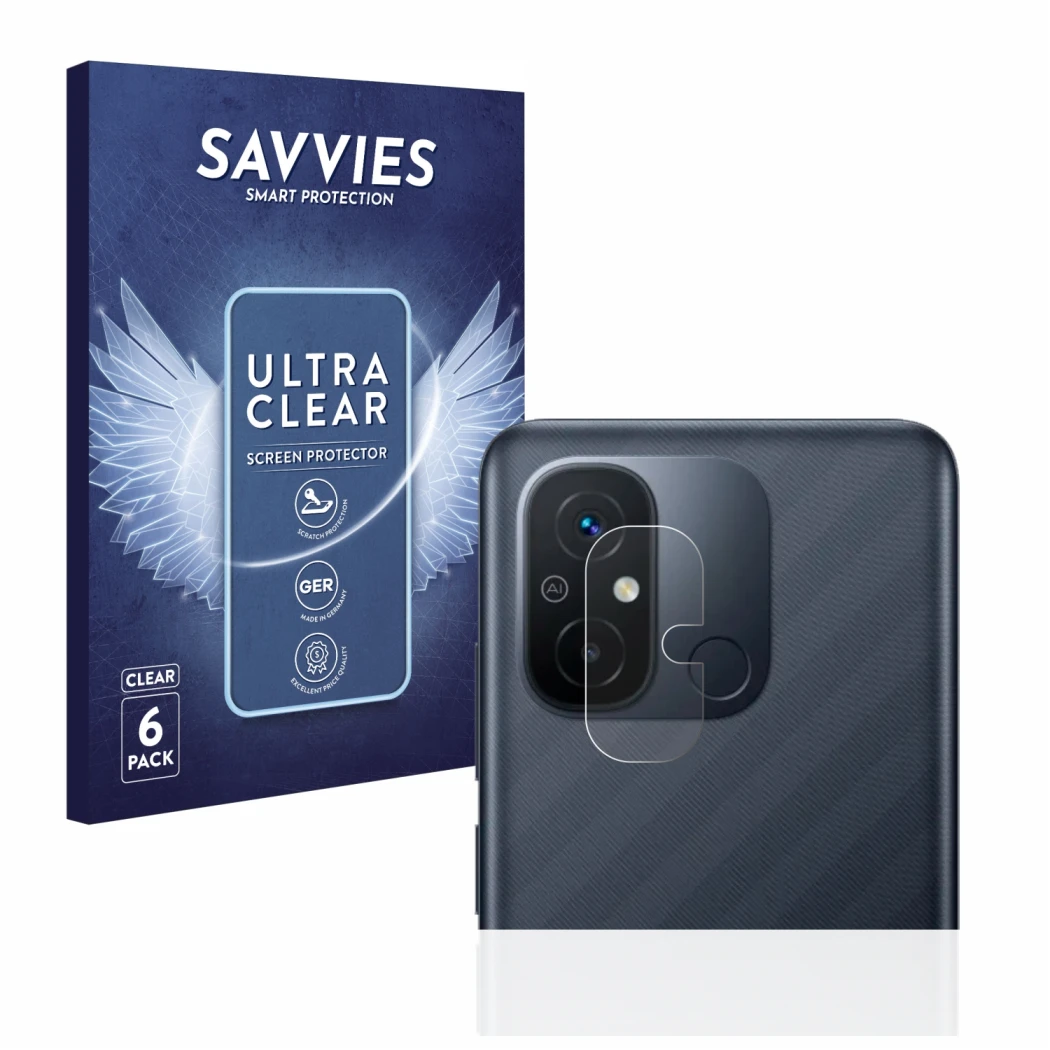 Front side of a product packaging with the brand logo Savvies. Next to it is the device Xiaomi Redmi 12C (ONLY Camera Lens) sh