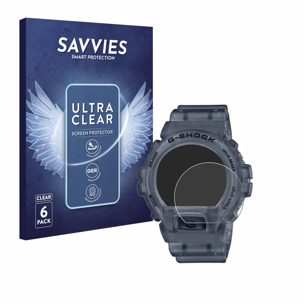 Front side of a product packaging with the brand logo Savvies. Next to it is the device Casio G-Shock DW-6900 shown with the c