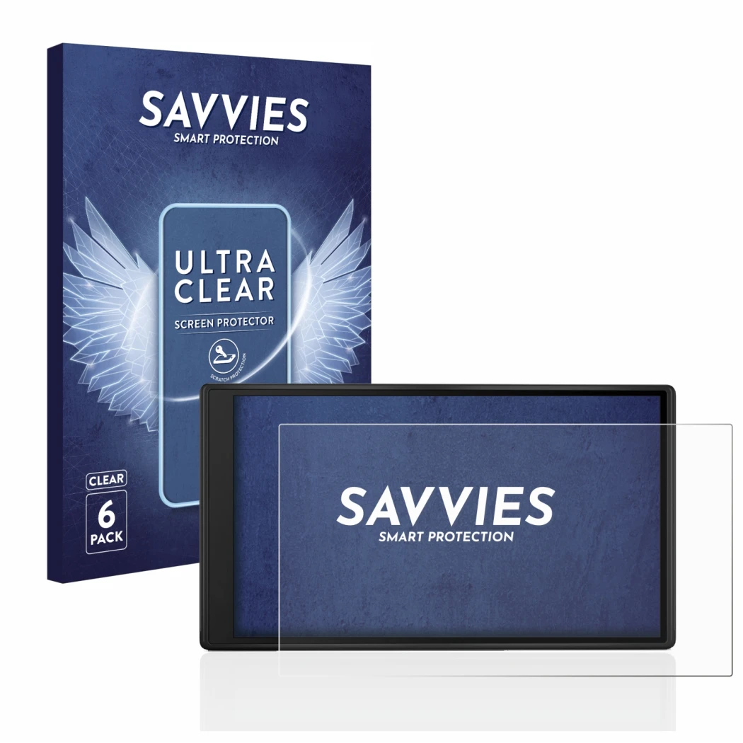 Front side of a product packaging with the brand logo Savvies. Next to it is the device Garmin Drive 55 shown with the corresp