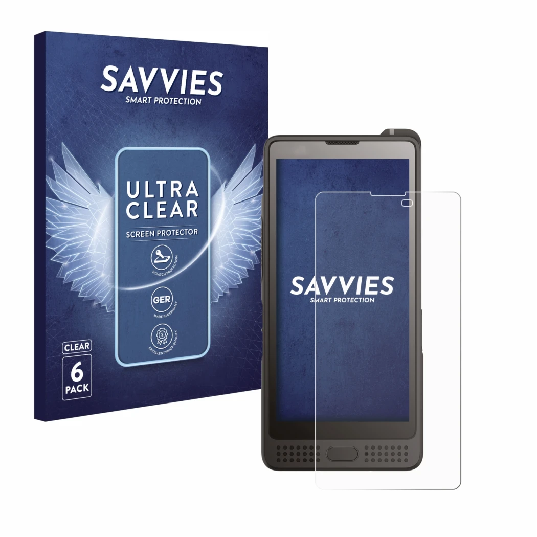 Front side of a product packaging with the brand logo Savvies. Next to it is the device Sonim XP10 shown with the correspondin