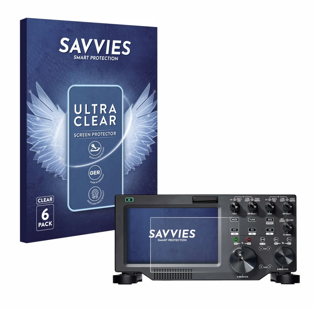 Front side of a product packaging with the brand logo Savvies. Next to it is the device FlexRadio Maestro FLEX-6000 shown with