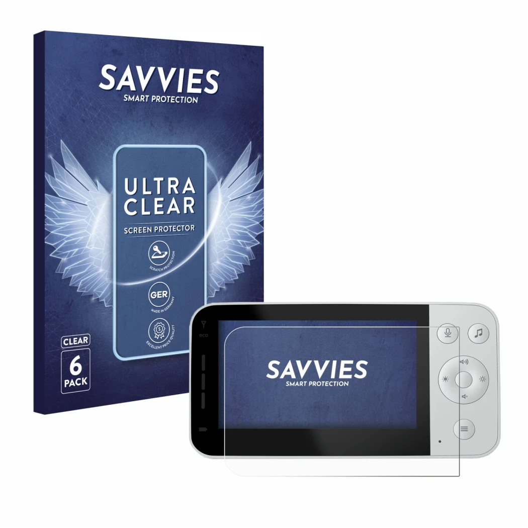 Front side of a product packaging with the brand logo Savvies. Next to it is the device Philips Avent Connected SCD923 shown w