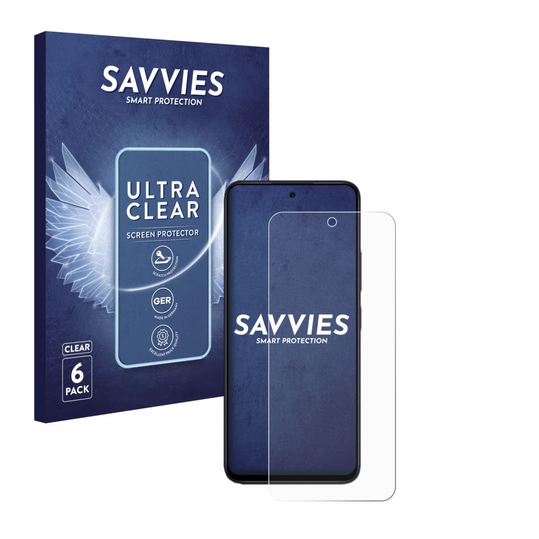 Front side of a product packaging with the brand logo Savvies. Next to it is the device Xiaomi Redmi 12 shown with the corresp