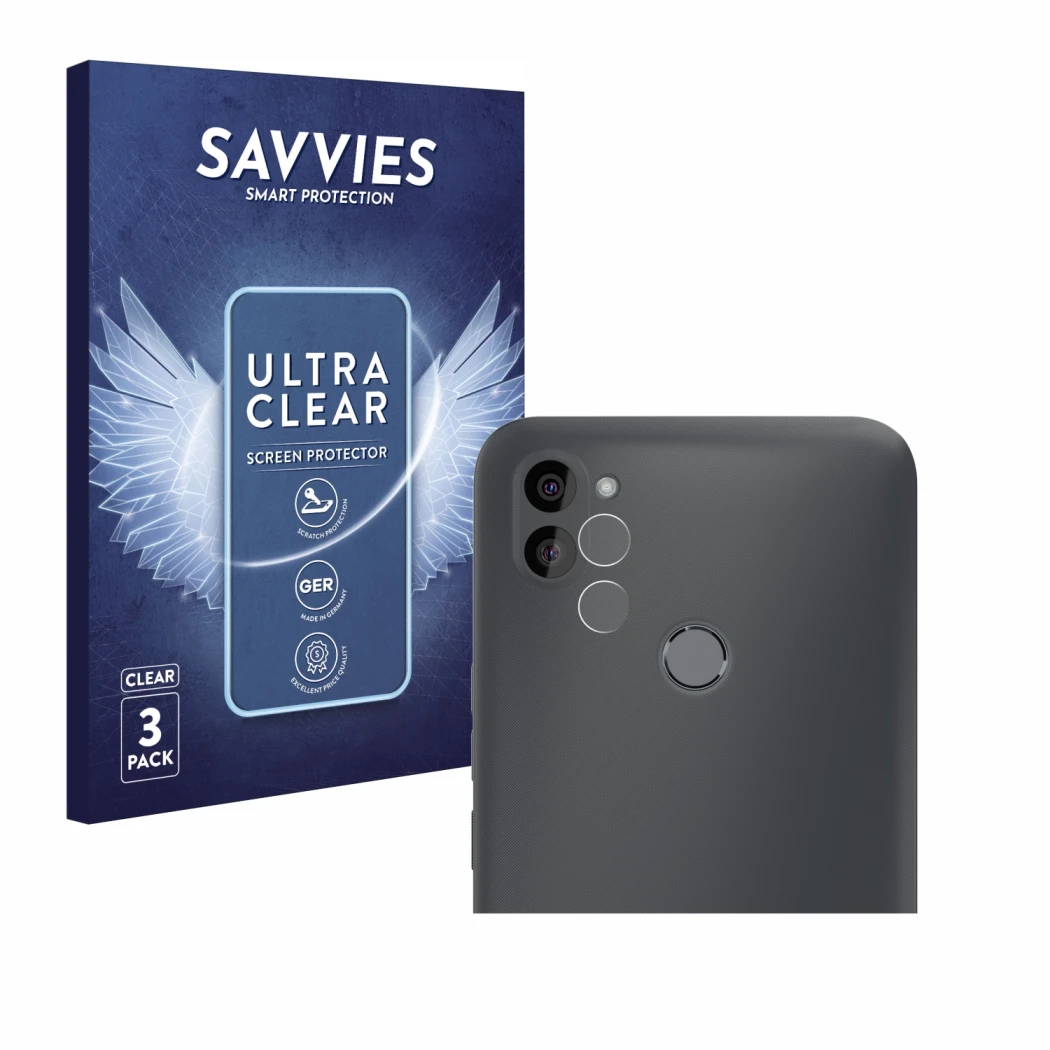 Front side of a product packaging with the brand logo Savvies. Next to it is the device Gigaset GS5 Lite (Front+Camera) shown 