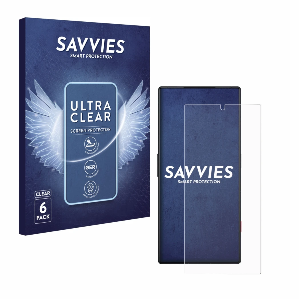 Front side of a product packaging with the brand logo Savvies. Next to it is the device ZTE Nubia Red Magic 8S Pro shown with 