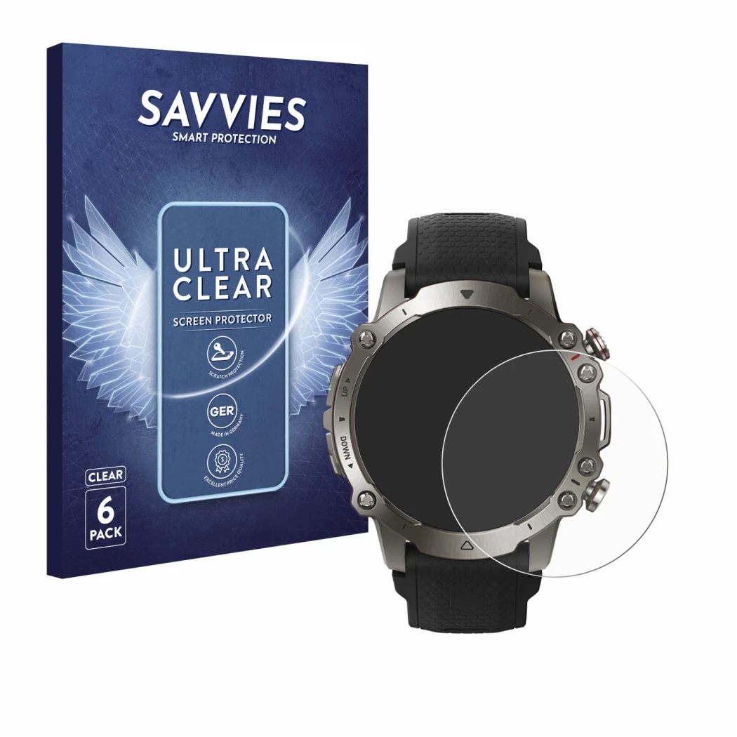 Front side of a product packaging with the brand logo Savvies. Next to it is the device Huami Amazfit Falcon shown with the co