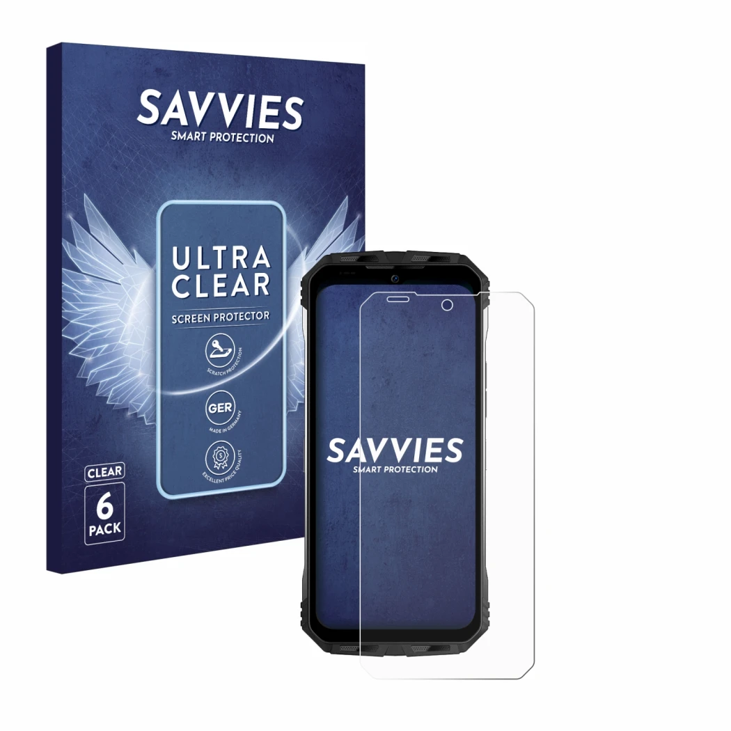 Front side of a product packaging with the brand logo Savvies. Next to it is the device Doogee S100 Pro shown with the corresp