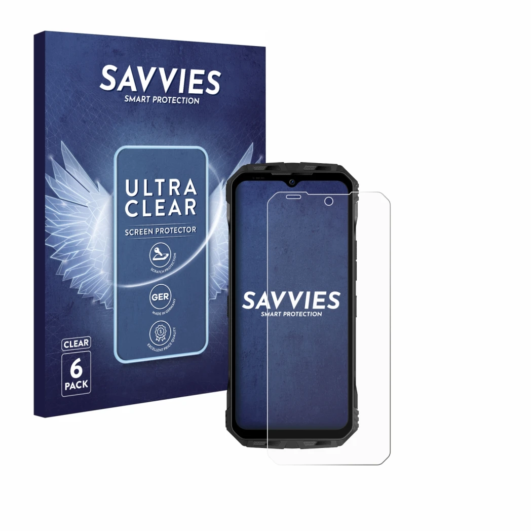 Front side of a product packaging with the brand logo Savvies. Next to it is the device Doogee V30 shown with the correspondin
