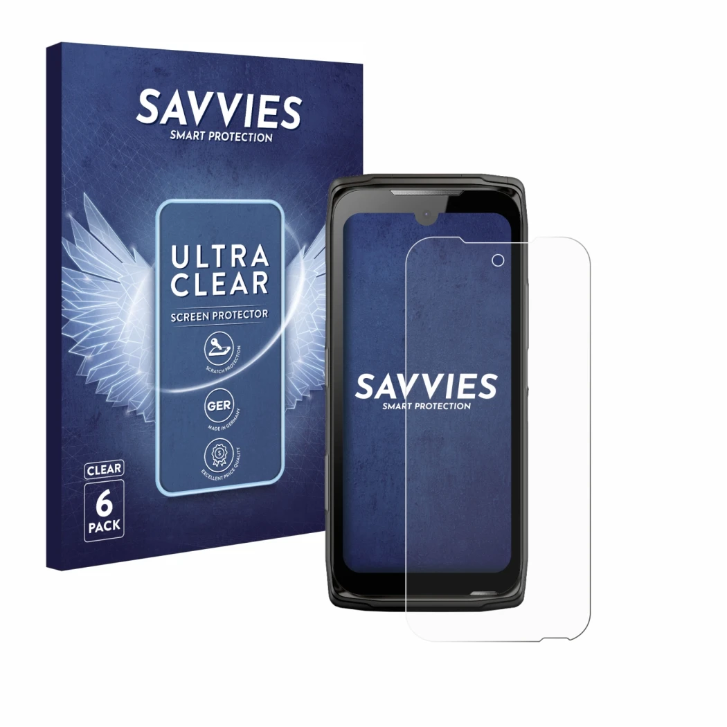 Front side of a product packaging with the brand logo Savvies. Next to it is the device Crosscall Core-Z5 shown with the corre