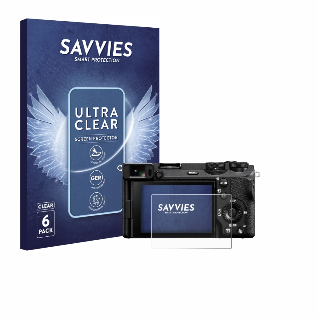 Front side of a product packaging with the brand logo Savvies. Next to it is the device Sony Alpha 6700 shown with the corresp