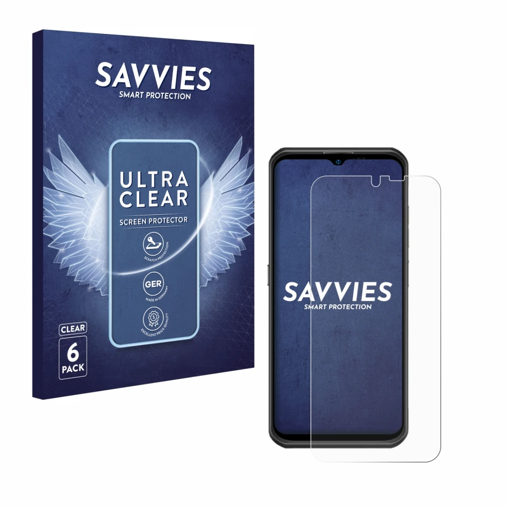 Front side of a product packaging with the brand logo Savvies. Next to it is the device Ulefone Armor 17 Pro shown with the co