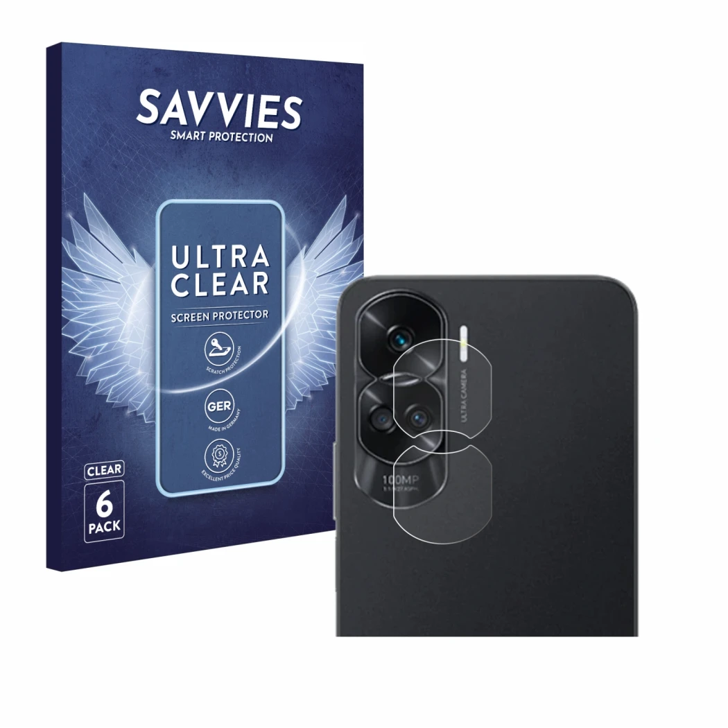 Front side of a product packaging with the brand logo Savvies. Next to it is the device Honor 90 Lite (ONLY Camera Lens) shown