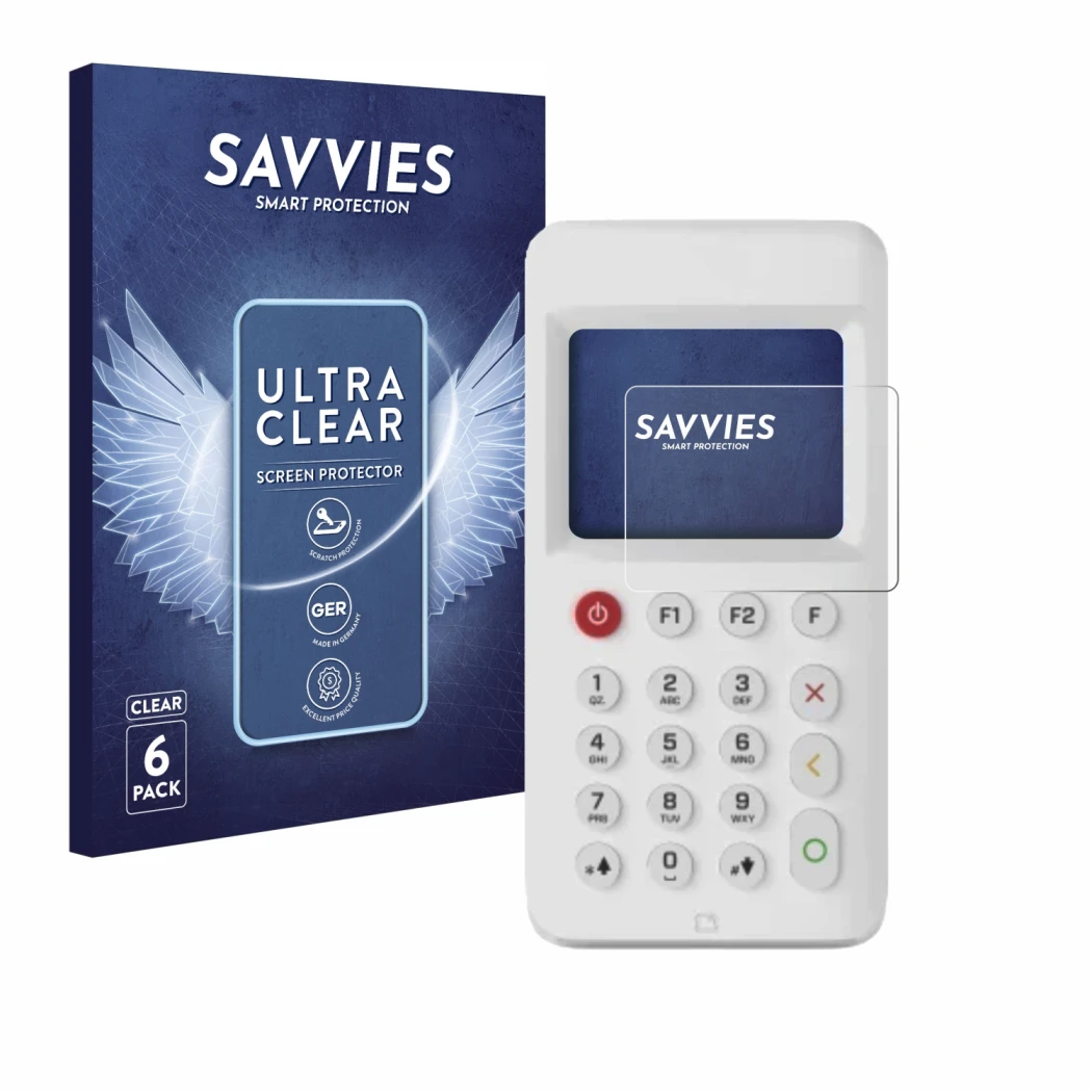 Front side of a product packaging with the brand logo Savvies. Next to it is the device myPOS Go 2 shown with the correspondin