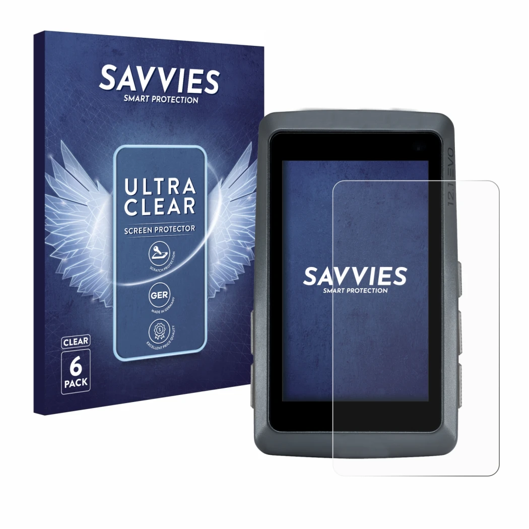 Front side of a product packaging with the brand logo Savvies. Next to it is the device Sigma ROX 12.1 EVO shown with the corr
