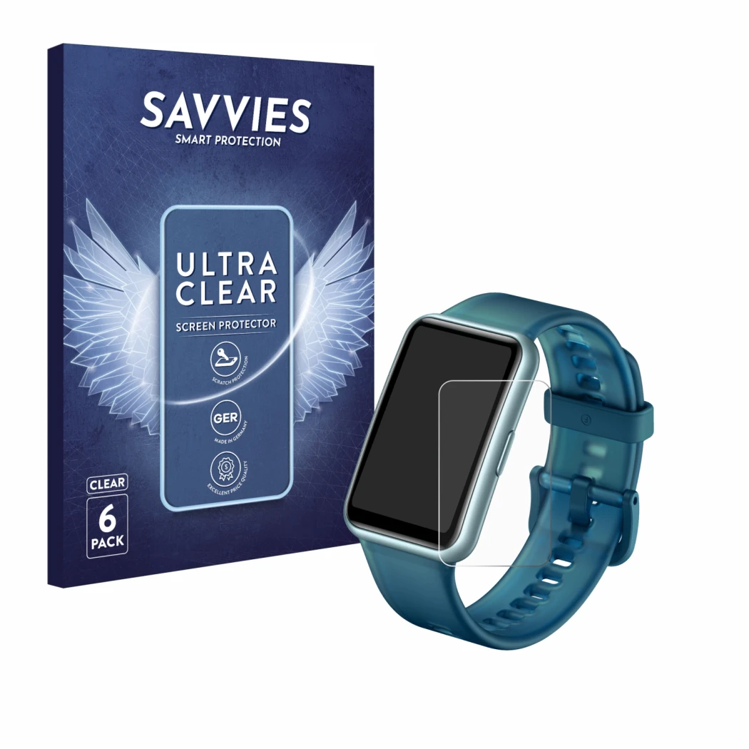 Front side of a product packaging with the brand logo Savvies. Next to it is the device Huawei Watch Fit Special Edition shown