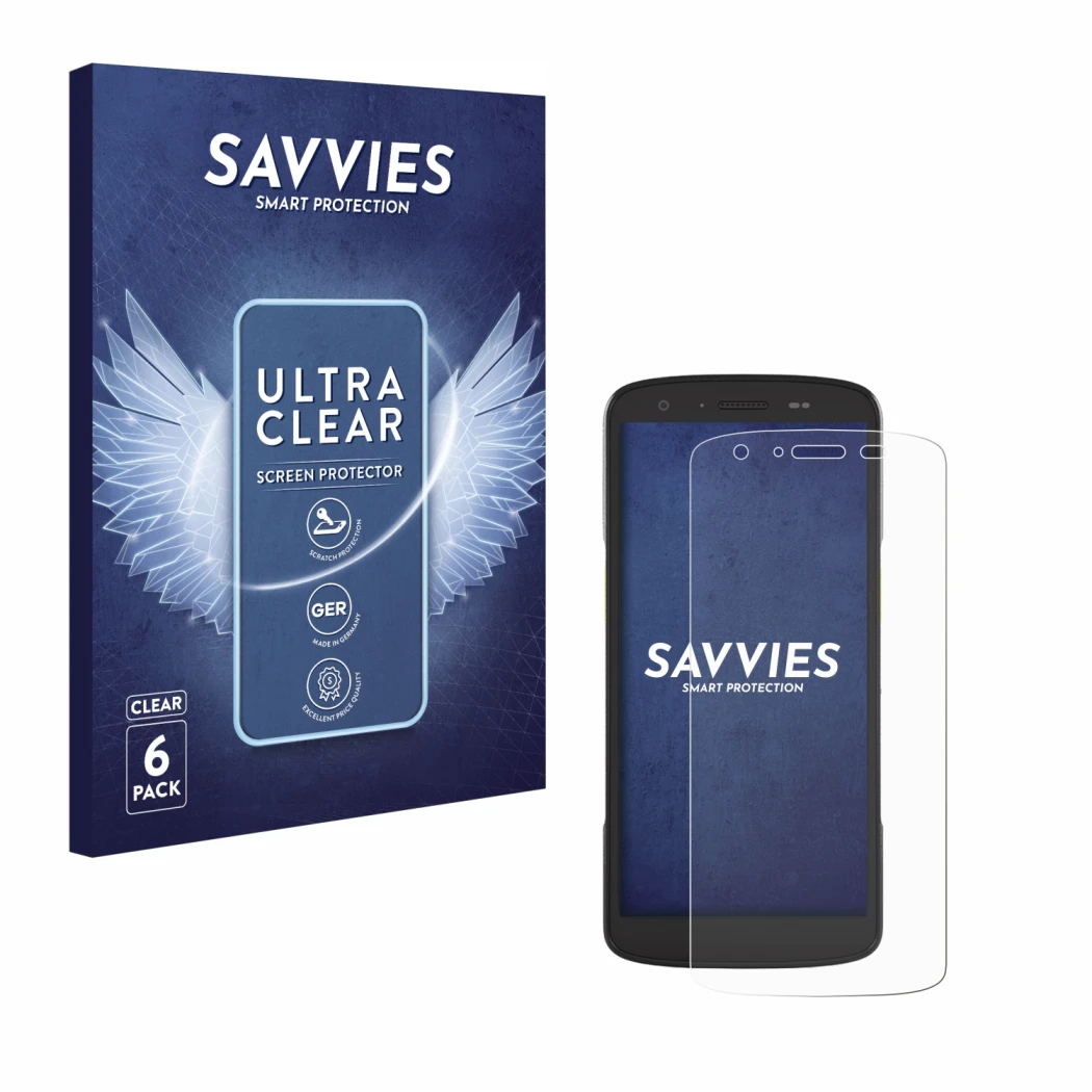 Front side of a product packaging with the brand logo Savvies. Next to it is the device Zebra TC22 shown with the correspondin