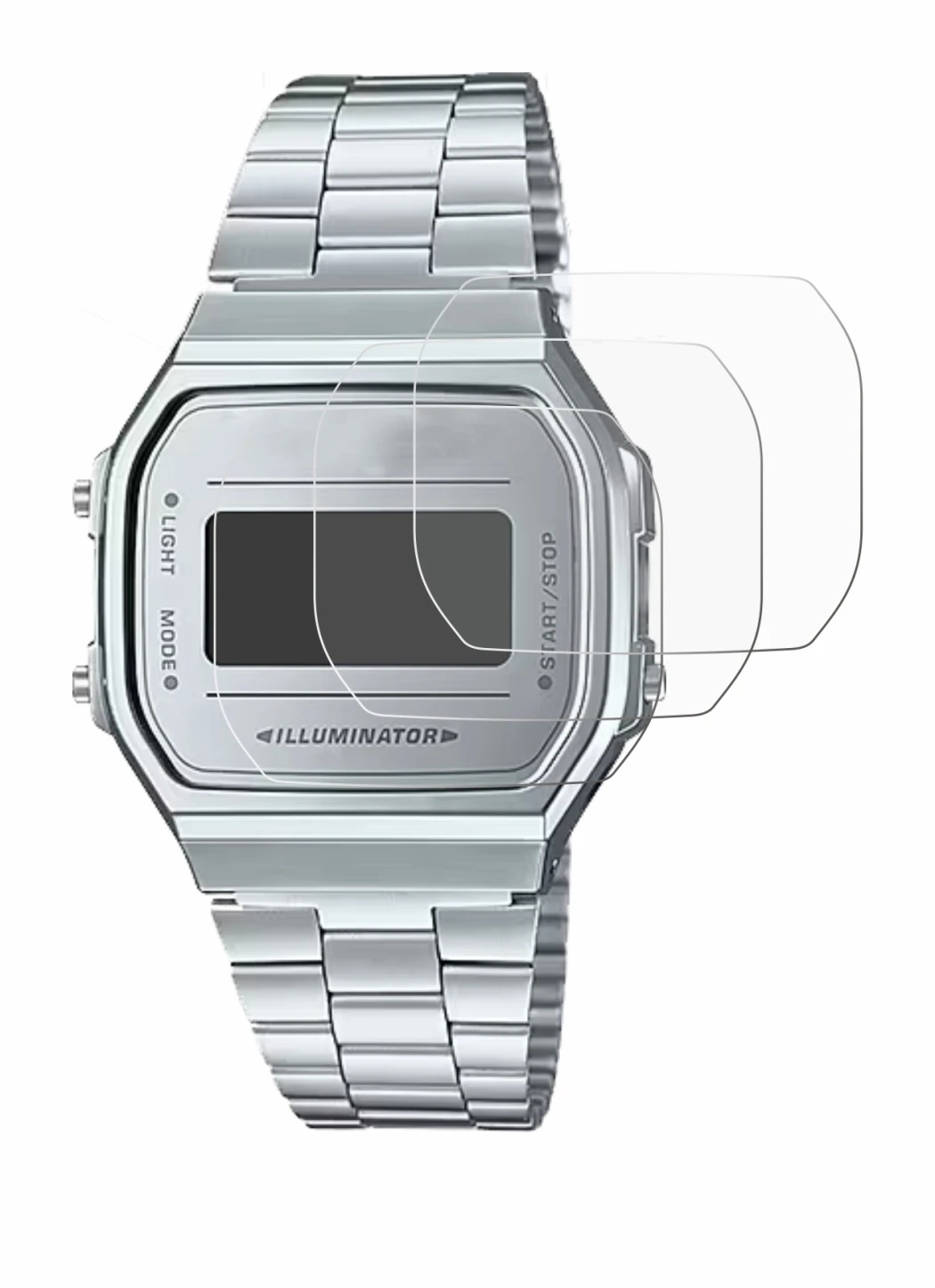 Image of the device Casio A168WEM-7EF with a wide variety of screen protectors.