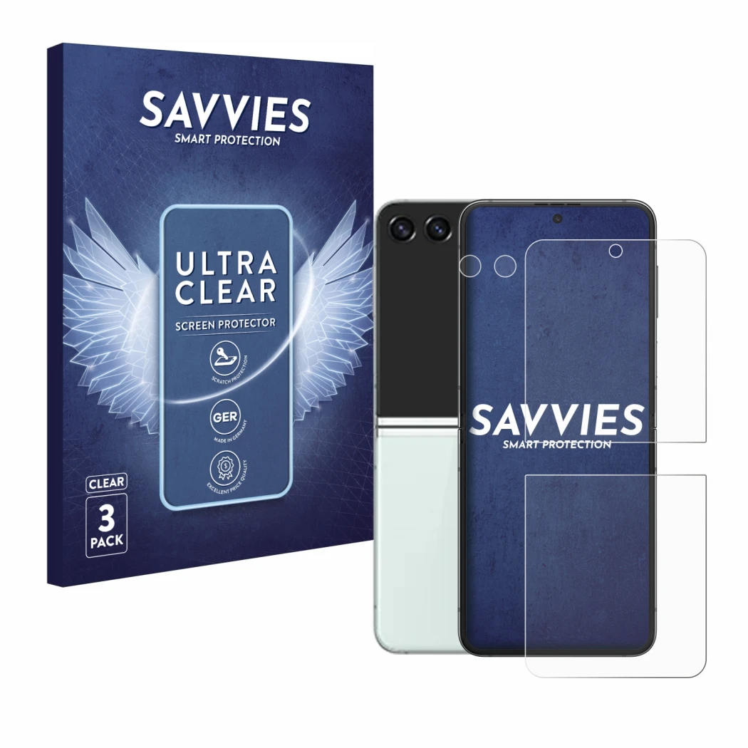 Front side of a product packaging with the brand logo Savvies. Next to it is the device Samsung Galaxy Z Flip 5 (Front+Camera)