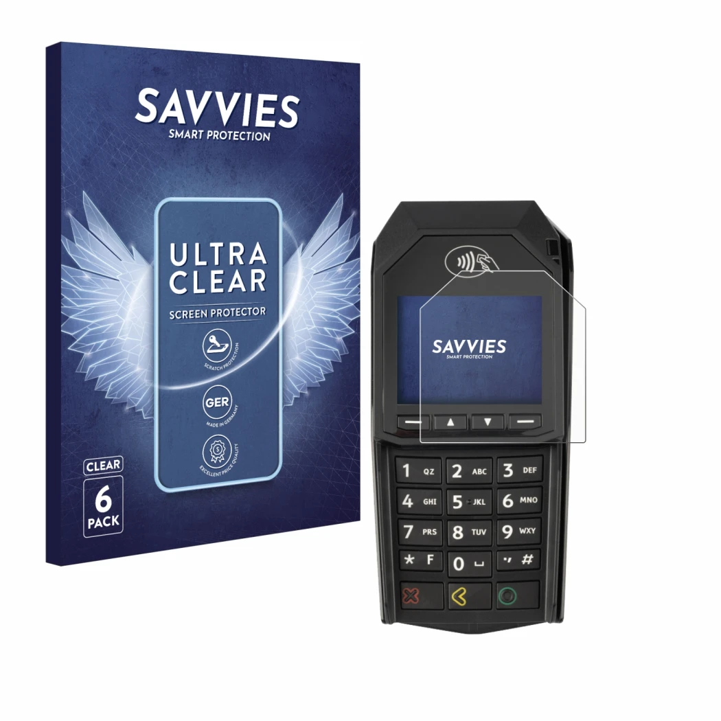 Front side of a product packaging with the brand logo Savvies. Next to it is the device ingenico Lane/3000 (non-touch) shown w