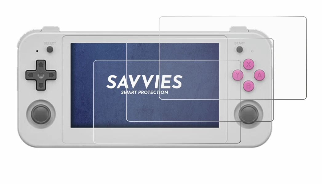 Image of the device Anbernic RG505 with a wide variety of screen protectors.