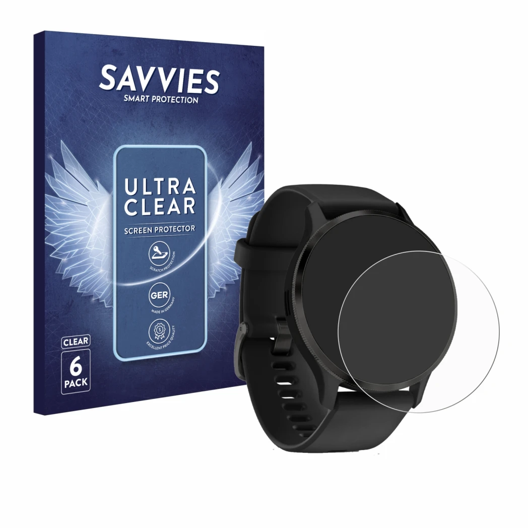 Front side of a product packaging with the brand logo Savvies. Next to it is the device Garmin Venu 3S shown with the correspo