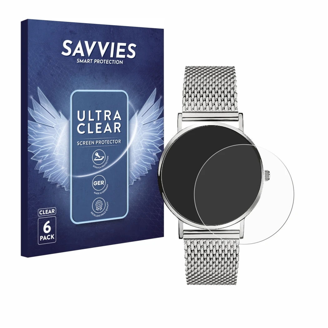 Front side of a product packaging with the brand logo Savvies. Next to it is the device Liebeskind New Case Mesh (34 mm) shown