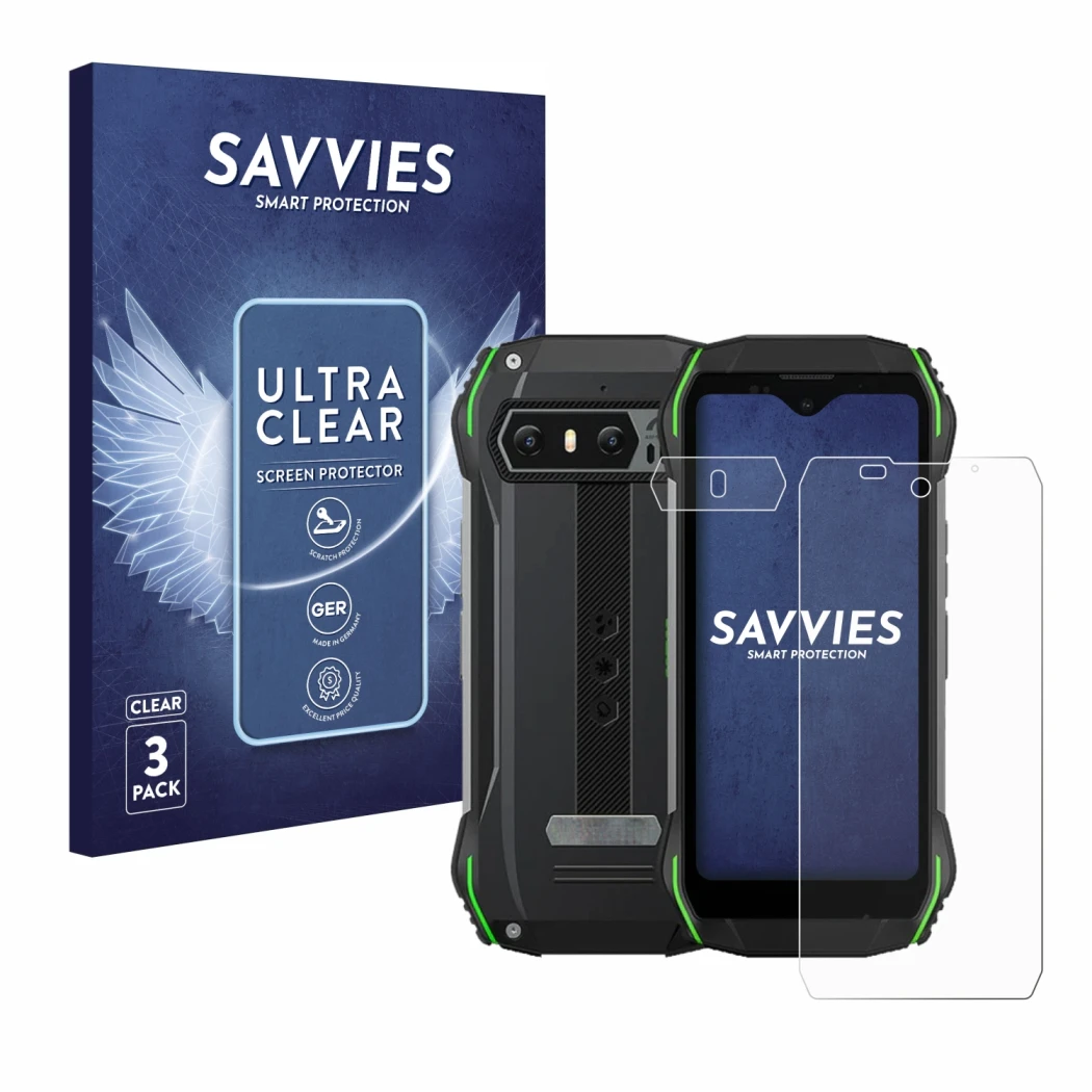 Front side of a product packaging with the brand logo Savvies. Next to it is the device Blackview N6000 (Front+Camera) shown w