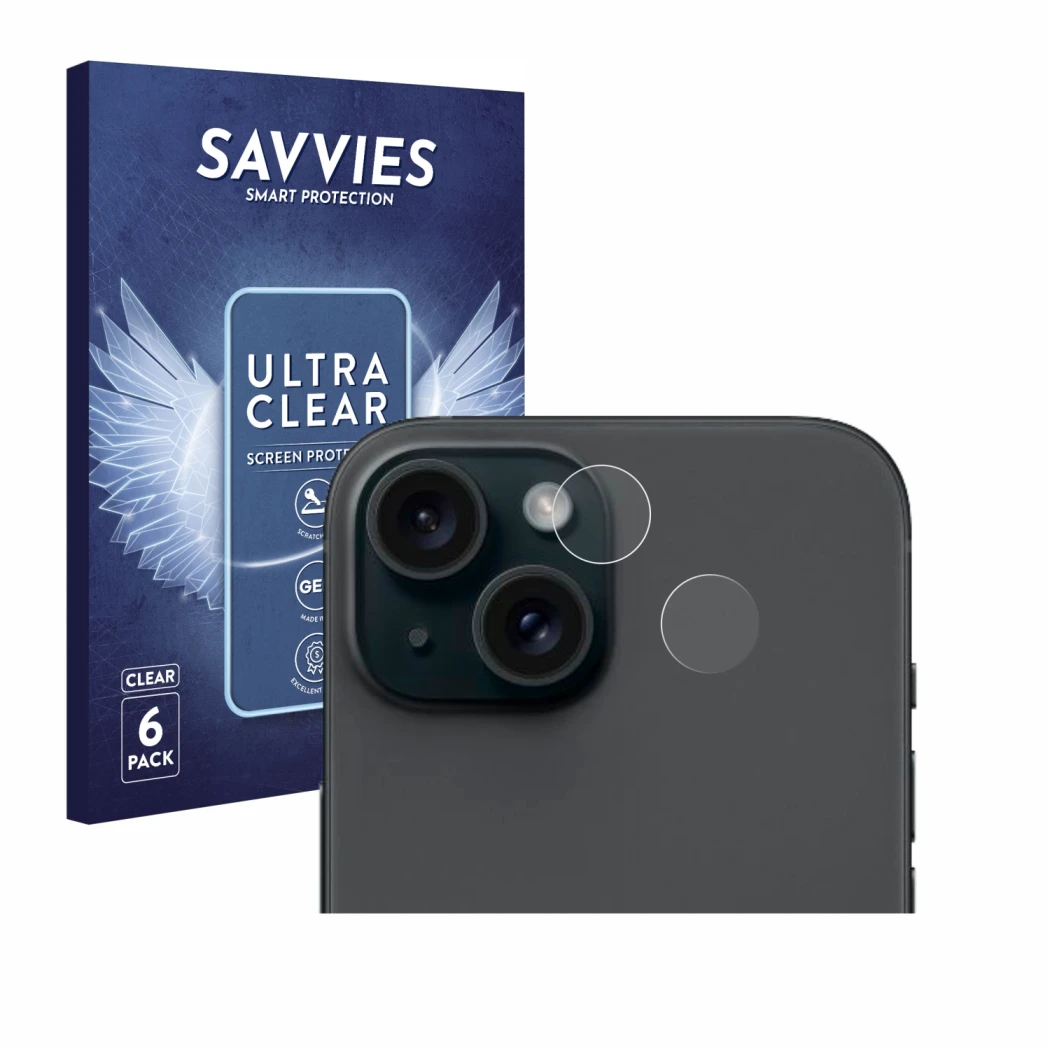 Front side of a product packaging with the brand logo Savvies. Next to it is the device Apple iPhone 15 (ONLY Camera Lens) sho