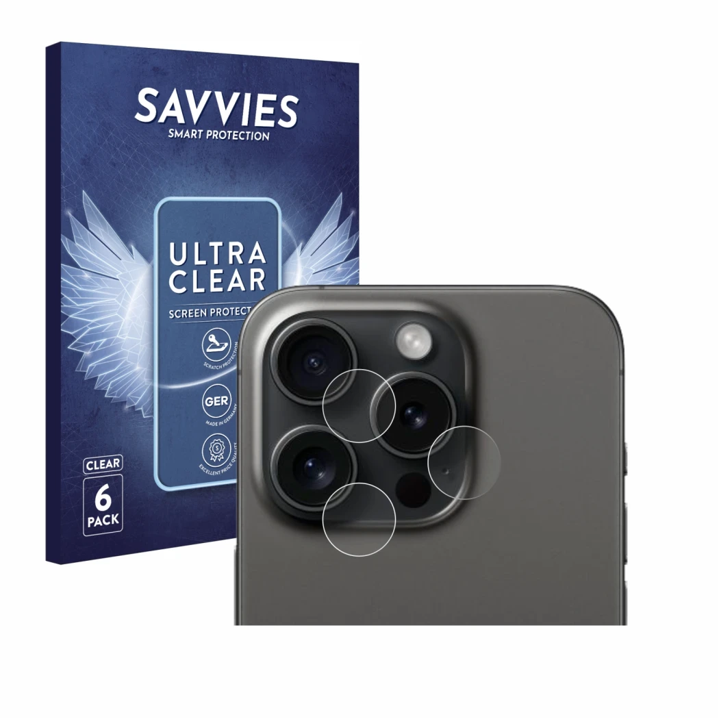 Front side of a product packaging with the brand logo Savvies. Next to it is the device Apple iPhone 15 Pro (ONLY Camera Lens)