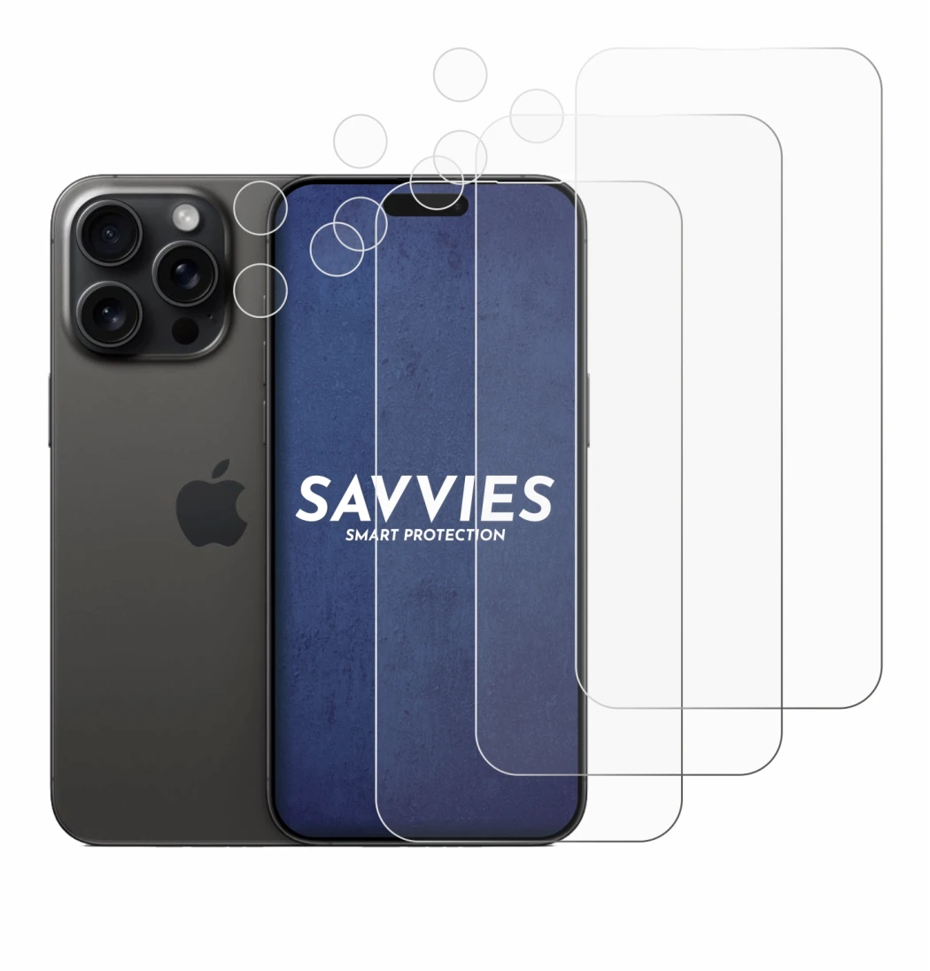 Image of the device Apple iPhone 15 Pro Max (Front+Camera) with a wide variety of screen protectors.