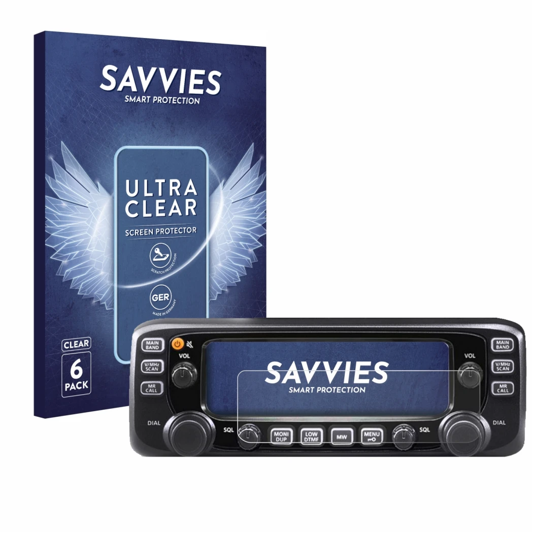 Front side of a product packaging with the brand logo Savvies. Next to it is the device Icom IC-2730E shown with the correspon
