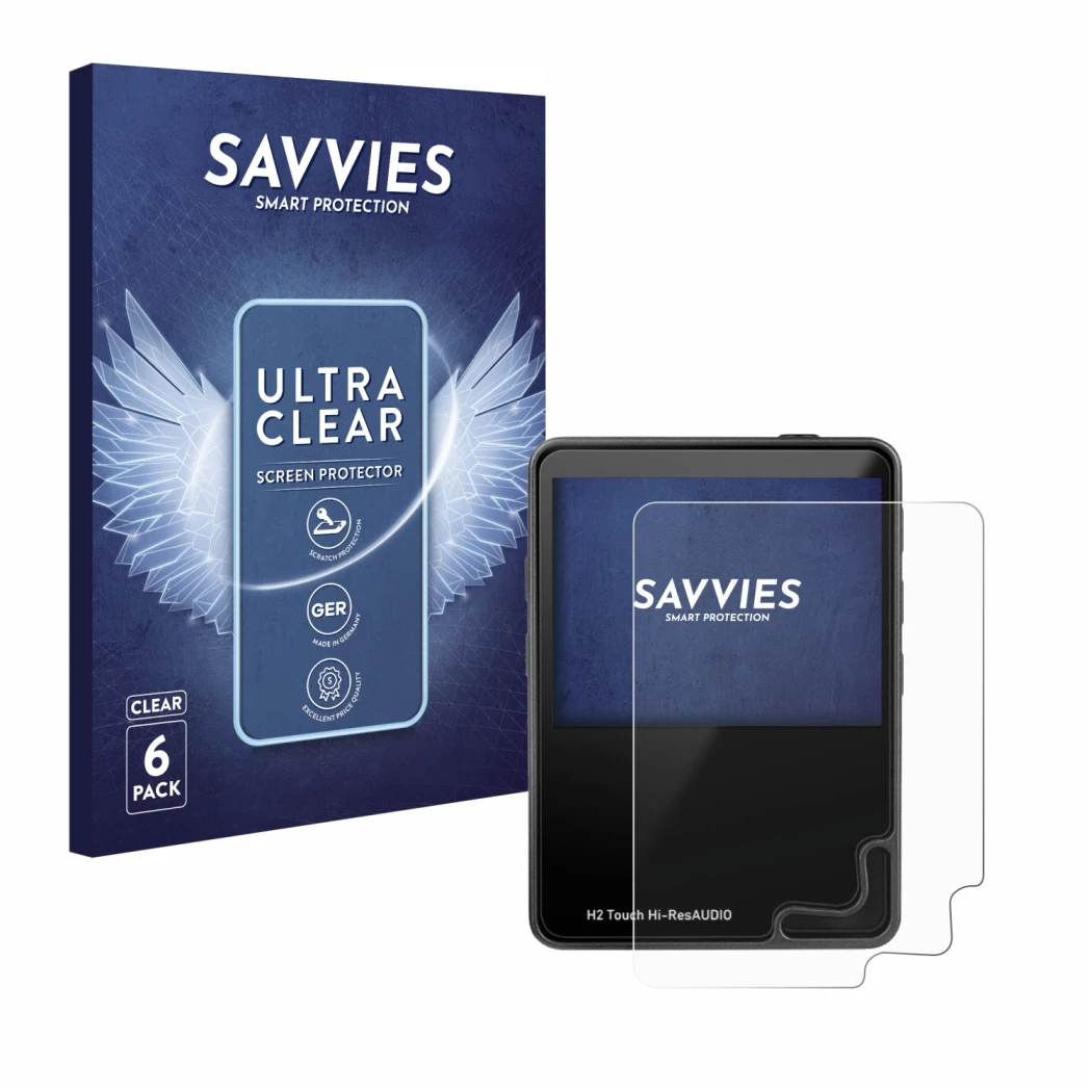 Front side of a product packaging with the brand logo Savvies. Next to it is the device HifiWalker H2 touch shown with the cor