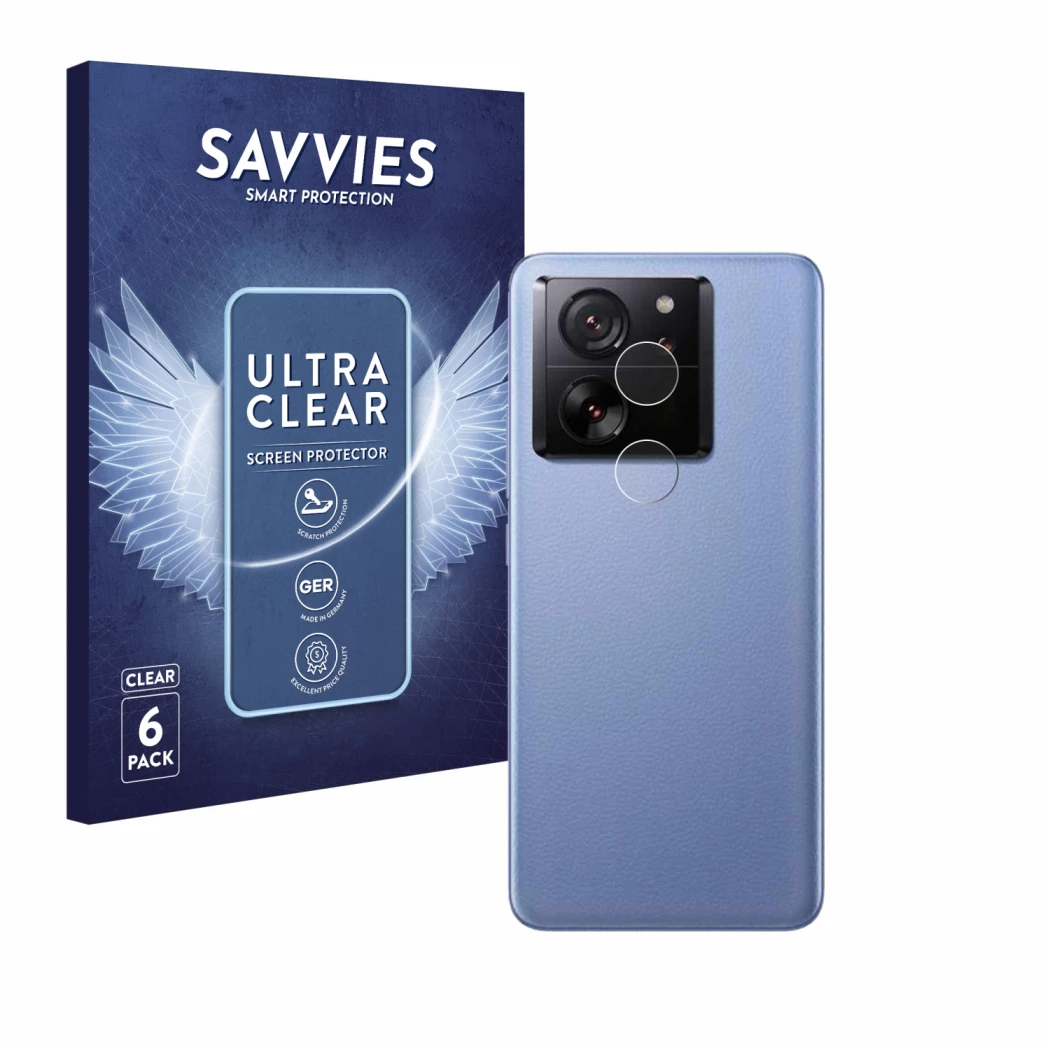 Front side of a product packaging with the brand logo Savvies. Next to it is the device Xiaomi 13T Pro (ONLY Camera Lens) show