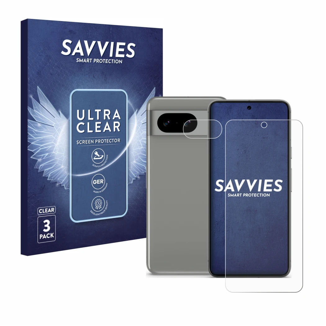 Front side of a product packaging with the brand logo Savvies. Next to it is the device Google Pixel 8 (Front+Camera) shown wi